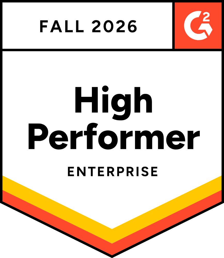 A white and orange G2 Badge with black text- High Performer for Enterprise, Fall 2026