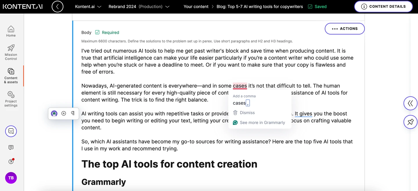 screenshot of Grammarly’s proofreading