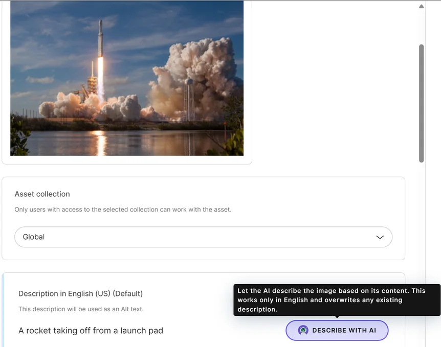 screenshot of Kontent.ai alt text description with AI