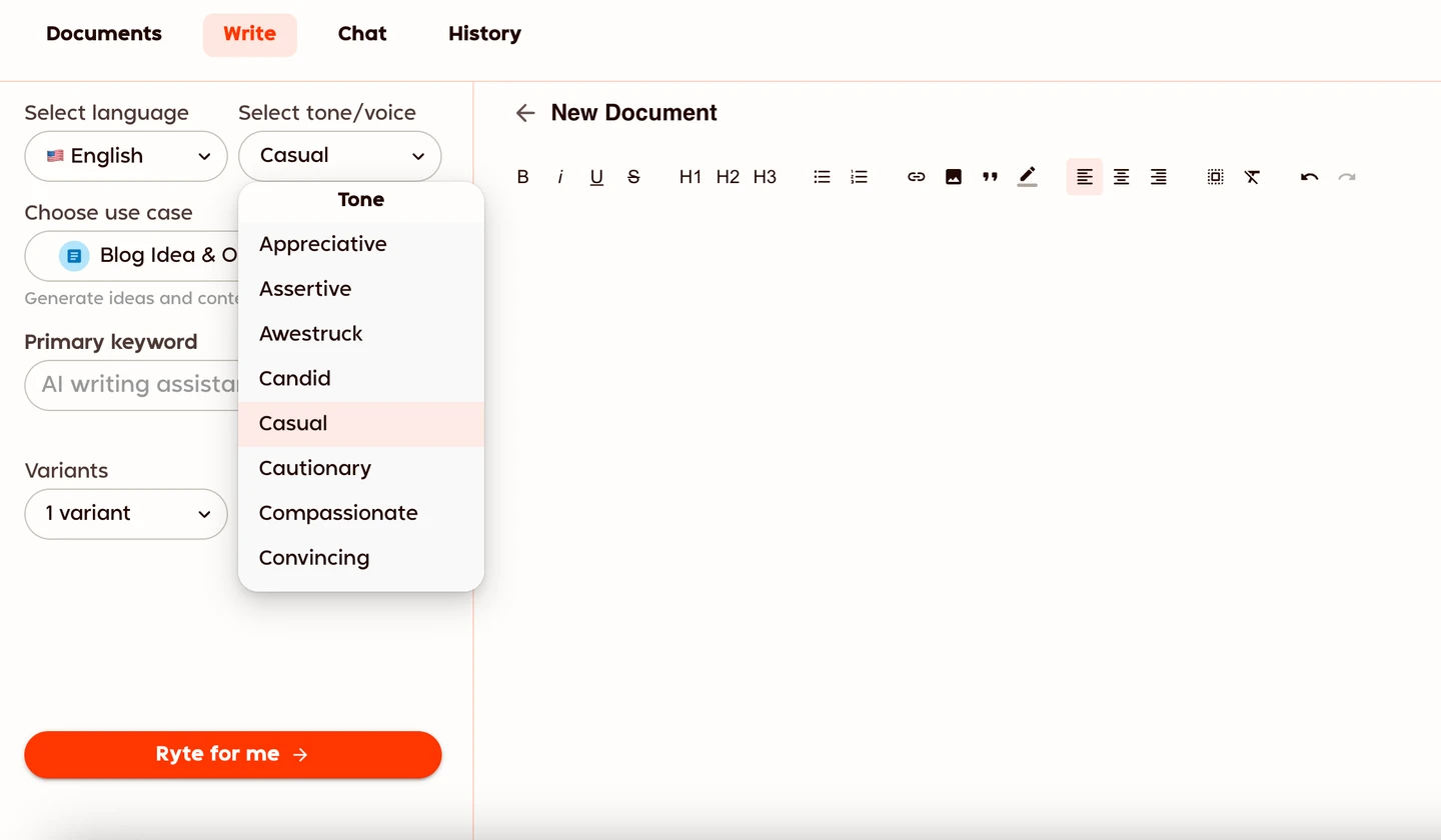 screenshot of the Rytr AI tool