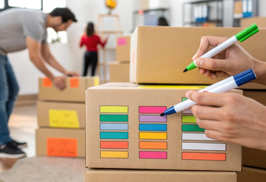 People organizing and labeling things into boxes