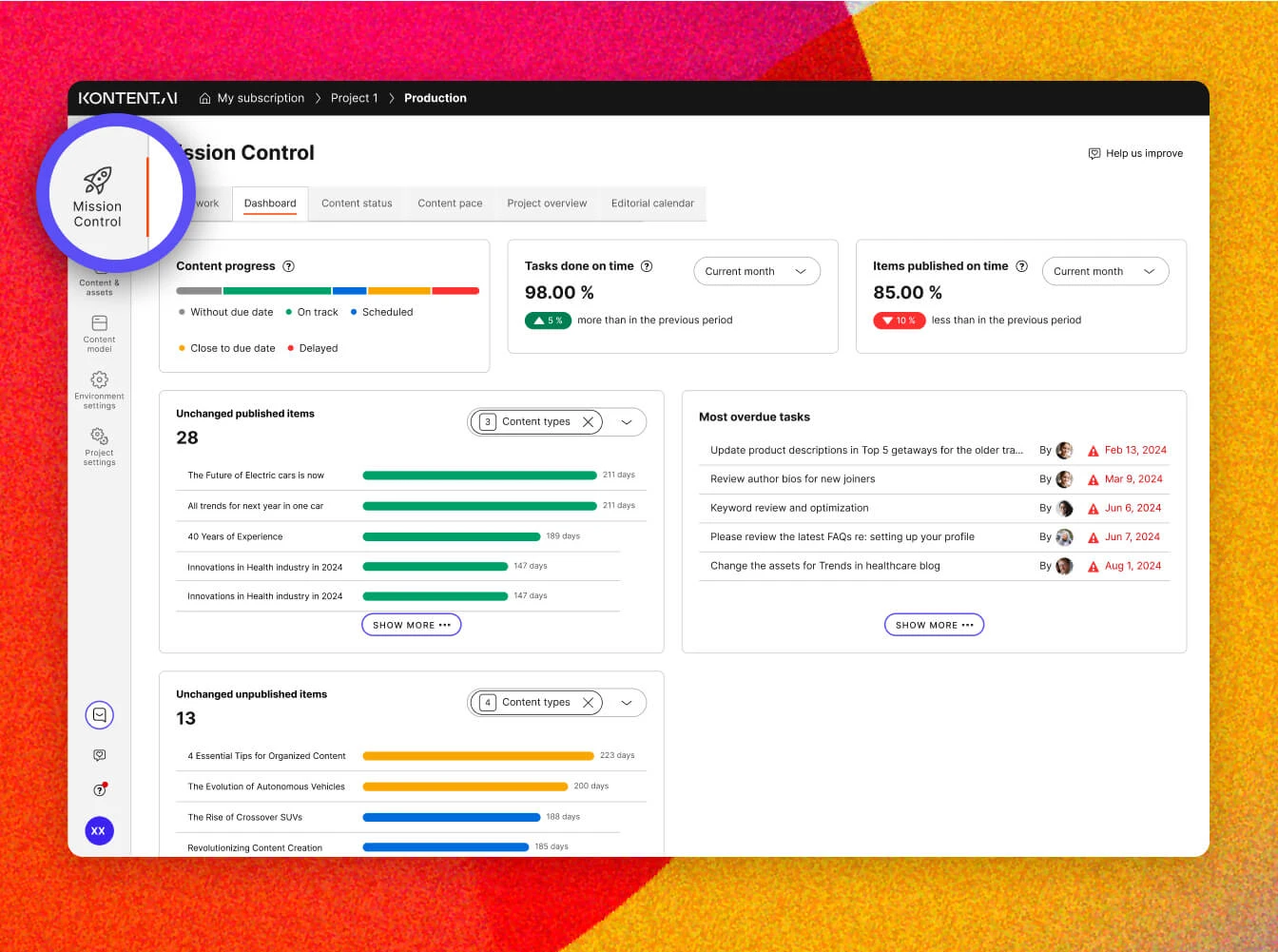 UI of Kontent.ai headless CMS showcasing Mission Control