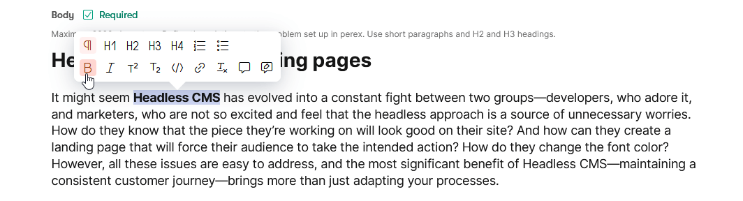 Rich text editor in Kentico Kontent