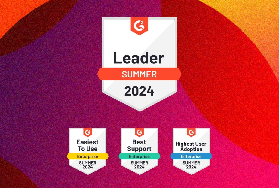 Leader Badge G2 Summer 2024, Easiest to Use, Best Support, Highest User Adoption