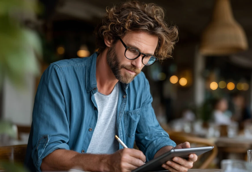 A young content professional working on naming conventions on his tablet