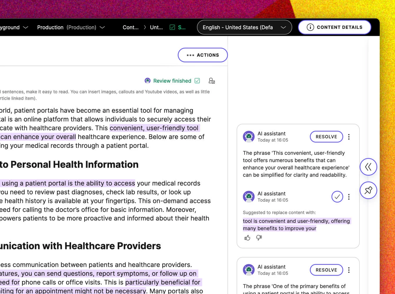 Kontent.ai UI showing AI content reviews feature