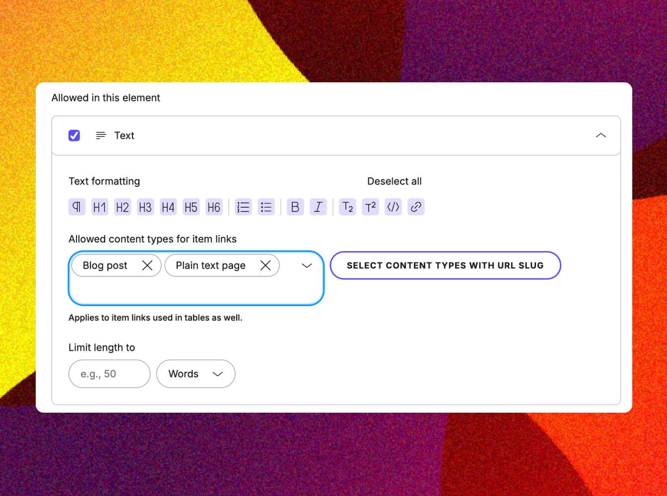 Limiting content types in Kontent.ai
