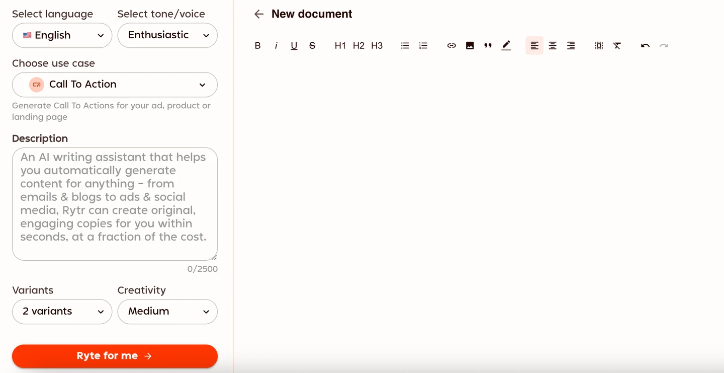 screenshot of Rytr tool