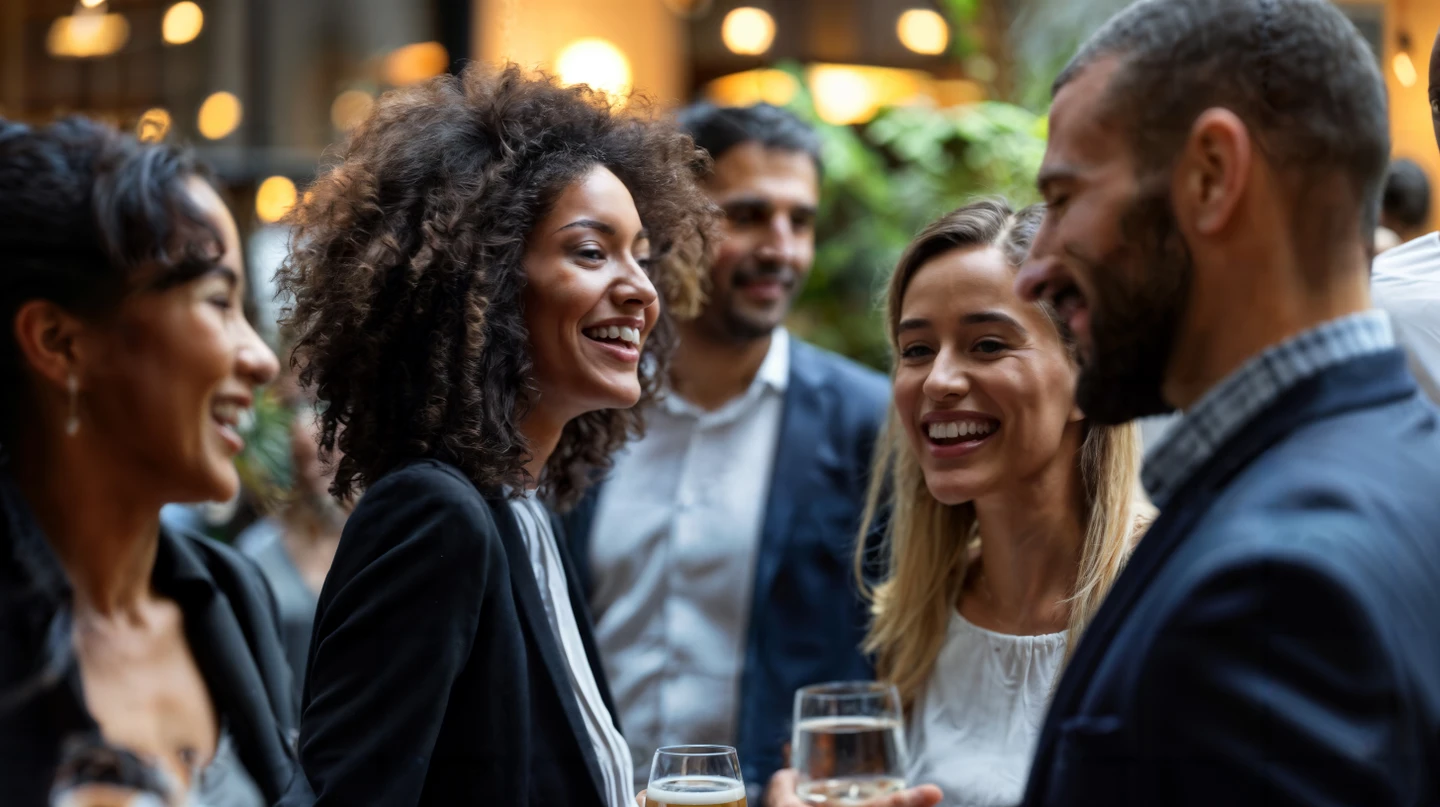 A group of people smiling and drinking