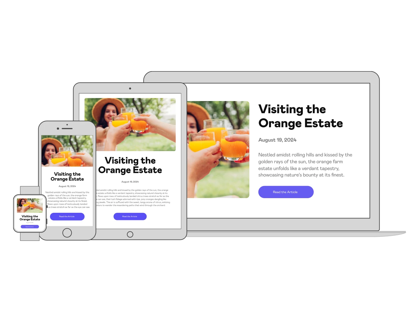 A group of devices showcasing a website in different previews