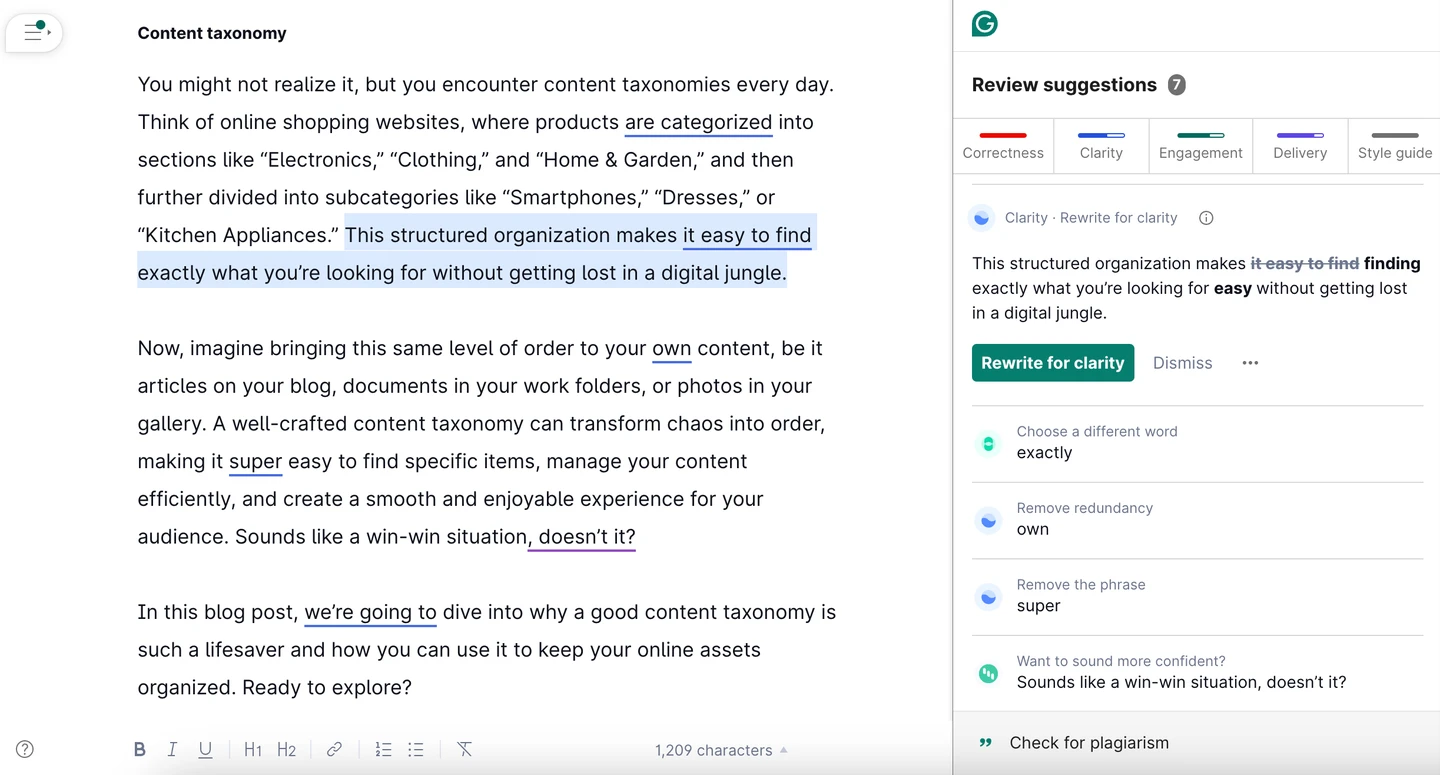 screenshot of Grammarly AI tool