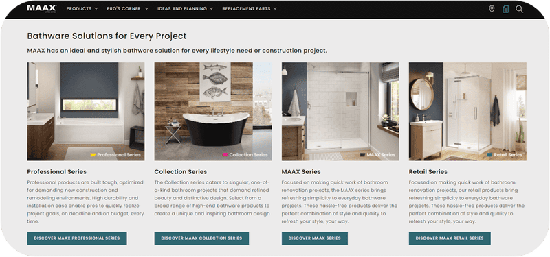 Showcasing products on a landing page, MAAX website