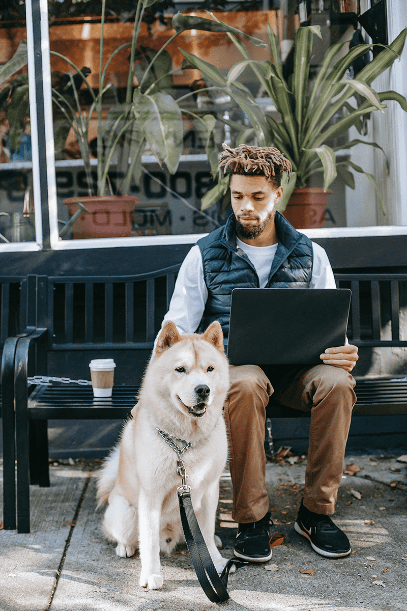 A black man with a laptop sitting on a bench with a large dog next to him